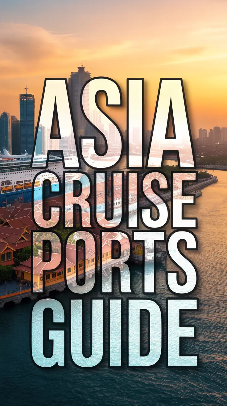 Panoramic sunset view of an Asian harbor city with traditional architecture and modern cruise ships, featuring stylized "Asia Cruise Ports Guide" text.