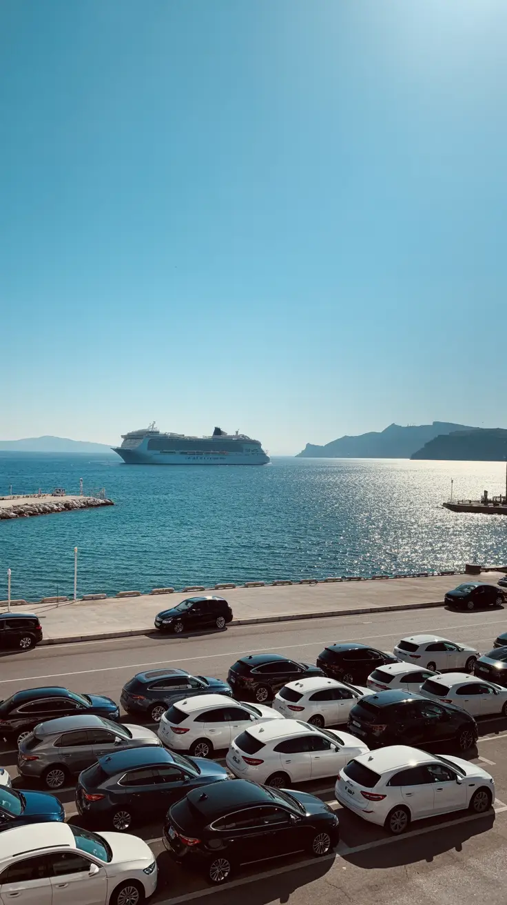 A bright, sunny day at Athens Cruise Port—sleek rows of parked cars gleam under the midday sun, with the deep blue sea and a distant cruise ship shimmering in the background.