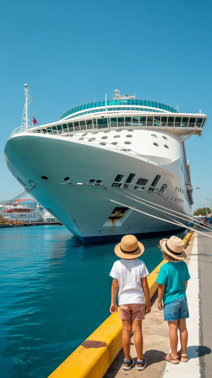 A bright sunny day at Athens Cruise Port—two kids in sunhats stand at the edge of the dock, gazing up at a towering white cruise ship, its sleek lines reflecting the clear blue sky.
