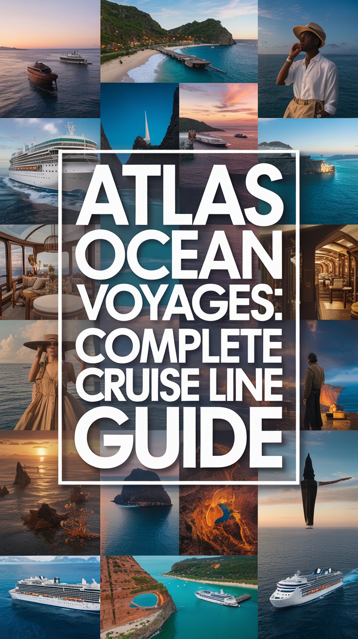 A dynamic, collage-style ad for Atlas Ocean Voyages featuring a modern white text box titled "Atlas Ocean Voyages: Complete Cruise Line Guide," set against vibrant images of beaches, onboard luxury, cultural scenes, and exotic wildlife—evoking a sense of exploration, indulgence, and aspirational travel. Alt Tag: Luxury cruise ad collage for Atlas Ocean Voyages with scenic beaches, elegant travelers, and cultural landscapes, centered around a bold guide title.