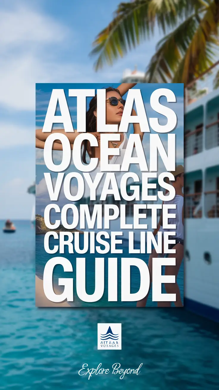 A vibrant lifestyle advertisement for Atlas Ocean Voyages featuring a luxurious cruise experience through a collage of pristine beaches, elegant ship interiors, and adventurous excursions, highlighted by bold white title text and the phrase "Explore Beyond" in elegant script. Alt Tag: Luxurious Atlas Ocean Voyages cruise ad with tropical collage, elegant interiors, and bold title over turquoise waters and scenic backdrops.