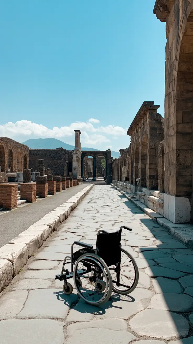 A wheelchair rests on an accessible path under a bright sunny sky amid the ancient ruins of Pompeii.