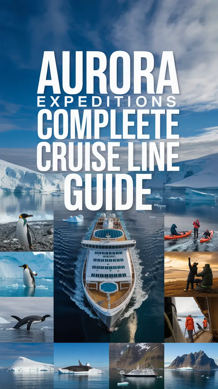 A vibrant panoramic lifestyle advertisement for Aurora Expeditions featuring a modern cruise ship in pristine Antarctic waters, surrounded by towering icebergs and wildlife; includes inset images of activities like kayaking and hiking, with bold title text overlaying the scene.