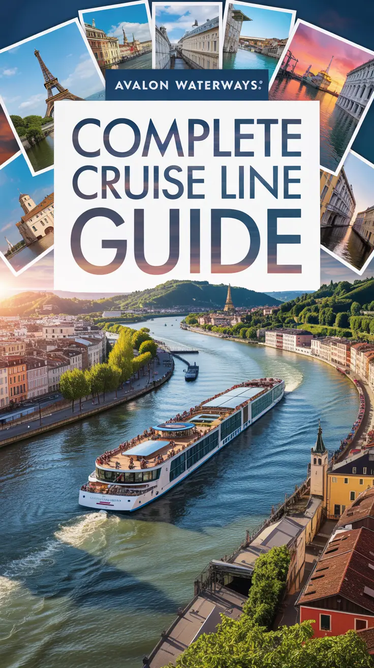 A vibrant travel poster for "Avalon Waterways: Complete Cruise Line Guide" featuring a panoramic view of a European river cruise ship sailing through scenic towns and landscapes, surrounded by a collage of iconic landmarks like the Eiffel Tower and Venice canals in warm sunlight, evoking luxury and adventure. Alt Tag: European river cruise ship sailing through picturesque towns with iconic landmarks like the Eiffel Tower and Venice canals, promoting Avalon Waterways in a vibrant travel poster.