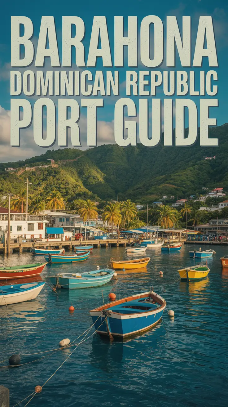 A vibrant travel poster of Barahona, Dominican Republic, featuring colorful fishing boats in a turquoise harbor with lush green hills and palm trees under warm sunlight.
