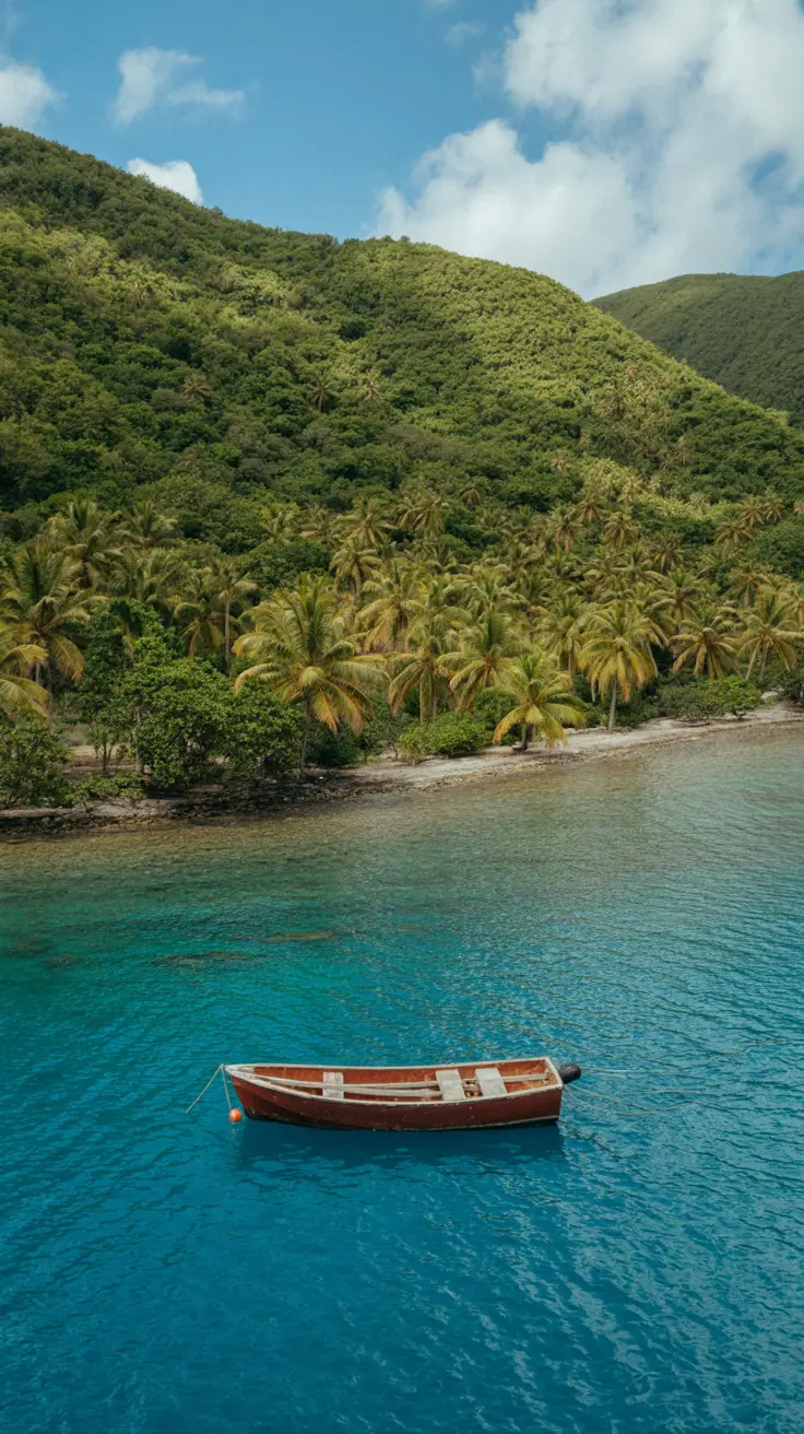 A bright, sunny day casts golden light over a secluded turquoise bay in Barahona, where a single wooden boat floats near a palm-lined shore, framed by lush green hills.