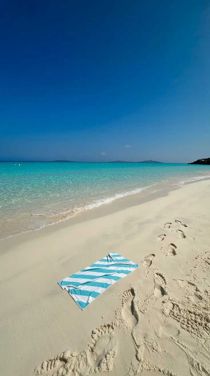 A lone towel on soft white sand with footsteps leading to turquoise water under a clear, sunny sky.