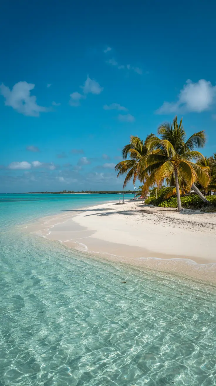 A crystal-clear turquoise shoreline curves gently beside soft white sand, with palm trees swaying lightly under a bright blue sky on a sunny day in Bimini. Vivid colors and a tranquil atmosphere are captured in high-end photographic detail.