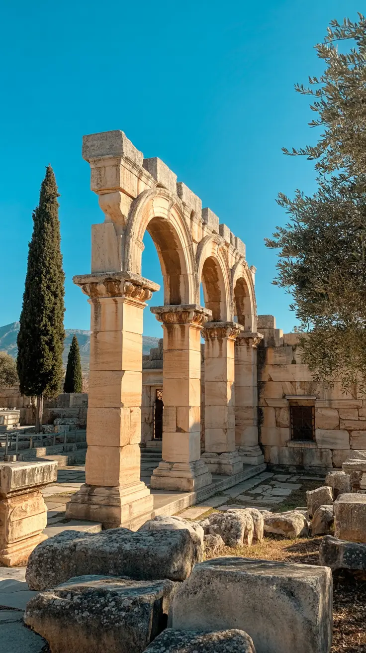 A bright, sunlit view of ancient Corinth’s ruins, golden stones glowing under a vivid blue sky, with olive trees gently swaying in the warm breeze.