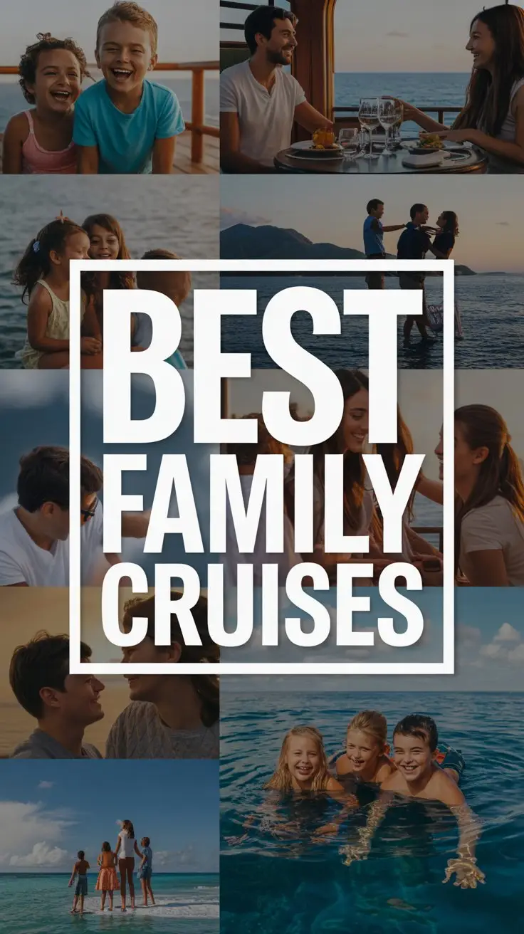 A vibrant lifestyle advertisement for a cruise line featuring a collage of carefully selected images surrounding a prominent, central text overlay. The collage showcases diverse family moments: children laughing on a sun deck, a couple enjoying a romantic dinner with ocean views, and a family snorkeling in crystal-clear waters, all bathed in warm, golden-hour lighting with a shallow depth of field. The large, bold white text overlay reads "Best Family Cruises" encased within a modern, clean rectangular box that anchors the composition and draws immediate attention, utilizing a simple sans-serif font to convey trustworthiness and approachability. The overall mood is joyful, aspirational, and inviting, emphasizing memorable family experiences against the backdrop of stunning ocean scenery, designed to evoke feelings of wanderlust and relaxation.