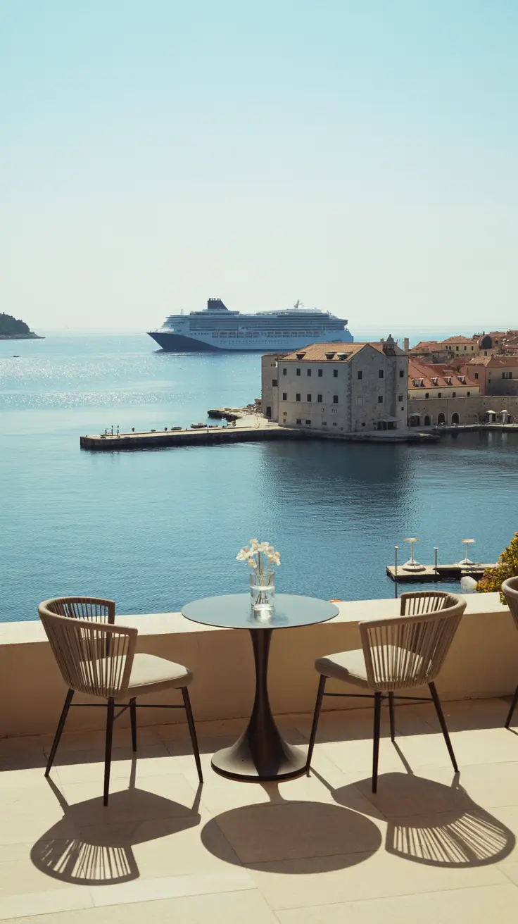 A bright, sunny day casts soft shadows on a stylish hotel terrace overlooking the glittering Adriatic Sea, with a cruise ship docked peacefully in the distance near Dubrovnik's red-roofed old town.