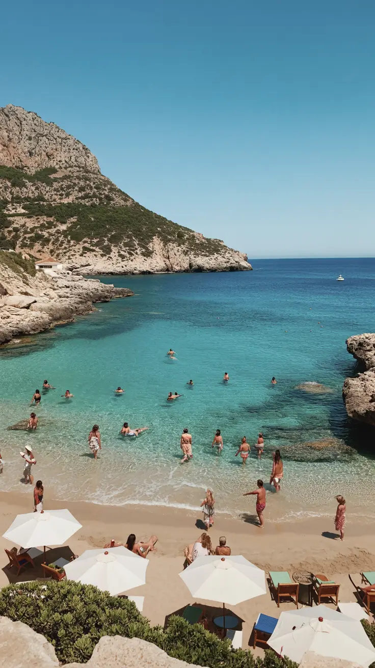 A high-end photo captures a serene Ibiza cove with crystal-clear turquoise water gently lapping at soft golden sand; white sun umbrellas dot the shore, framed by rugged cliffs under a bright, cloudless sky.