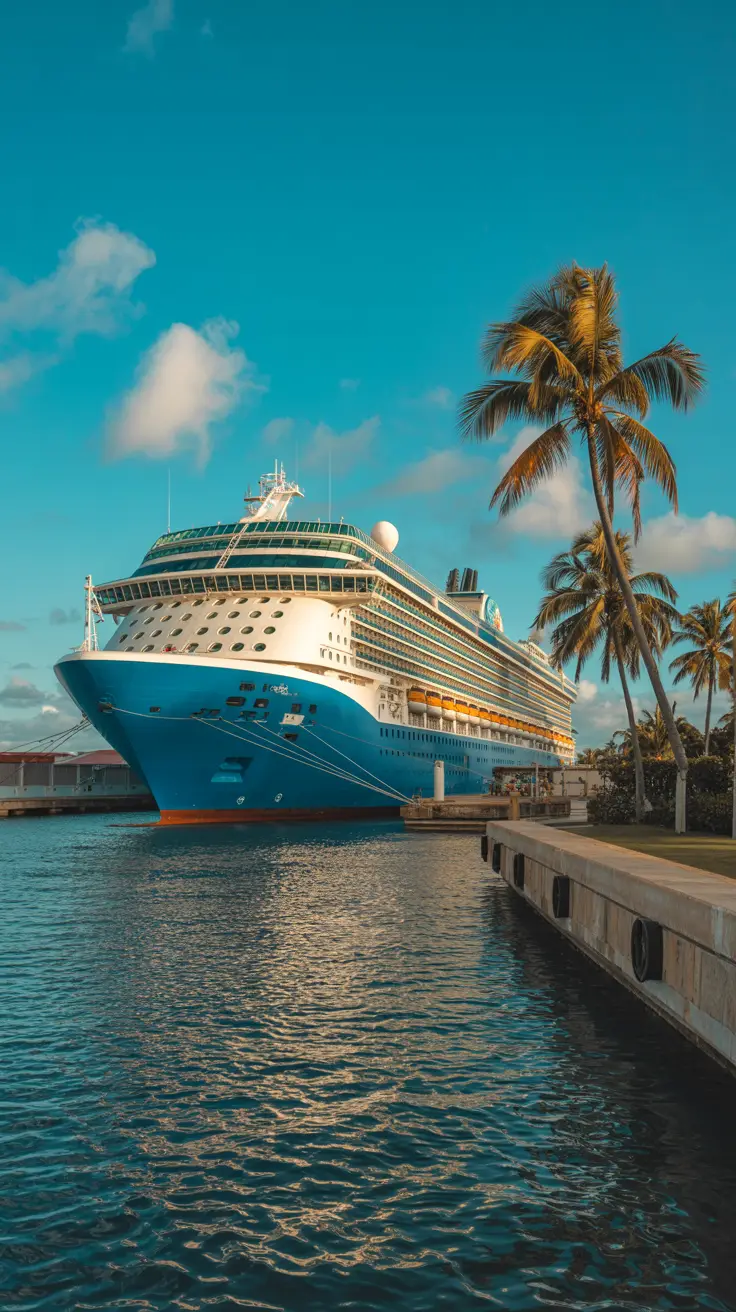 A vibrant cruise ship docked at Santo Domingo port under a clear blue sky, with golden sunlight reflecting on the water and palm trees swaying along the lush, calm coastline.