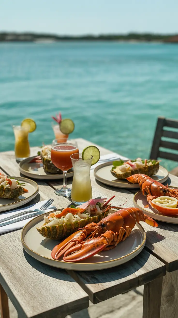 A bright, sunny day casts golden light over a waterfront table set with grilled lobster, conch salad, and tropical drinks, with the turquoise sea gently lapping in the background.