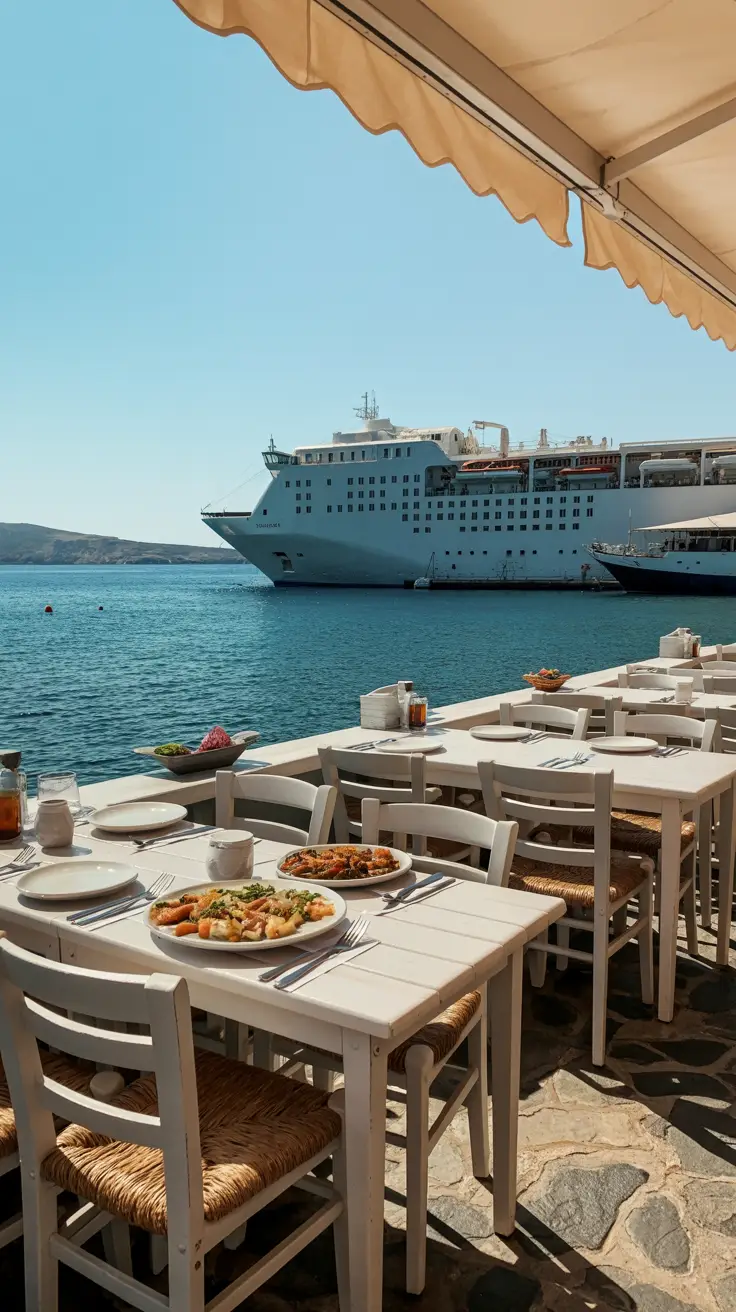 A bright sunny day casts warm light over a charming seaside taverna near Athens cruise port, with whitewashed tables set neatly along the edge of the glistening blue water, and plates of fresh seafood waiting to be served.
