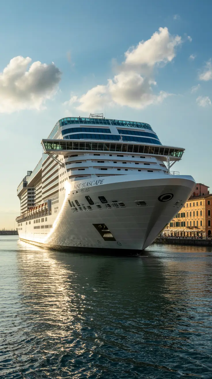 A photograph of a modern cruise ship, the "MSC Seascape," gracefully entering Livorno’s harbor. The ship's sleek white hull contrasts with the deep blue sea, its decks filled with people enjoying the view. Sunlight reflects off polished surfaces and gentle waves, while historic waterfront buildings rise in the background under a bright sky dotted with fluffy white clouds.