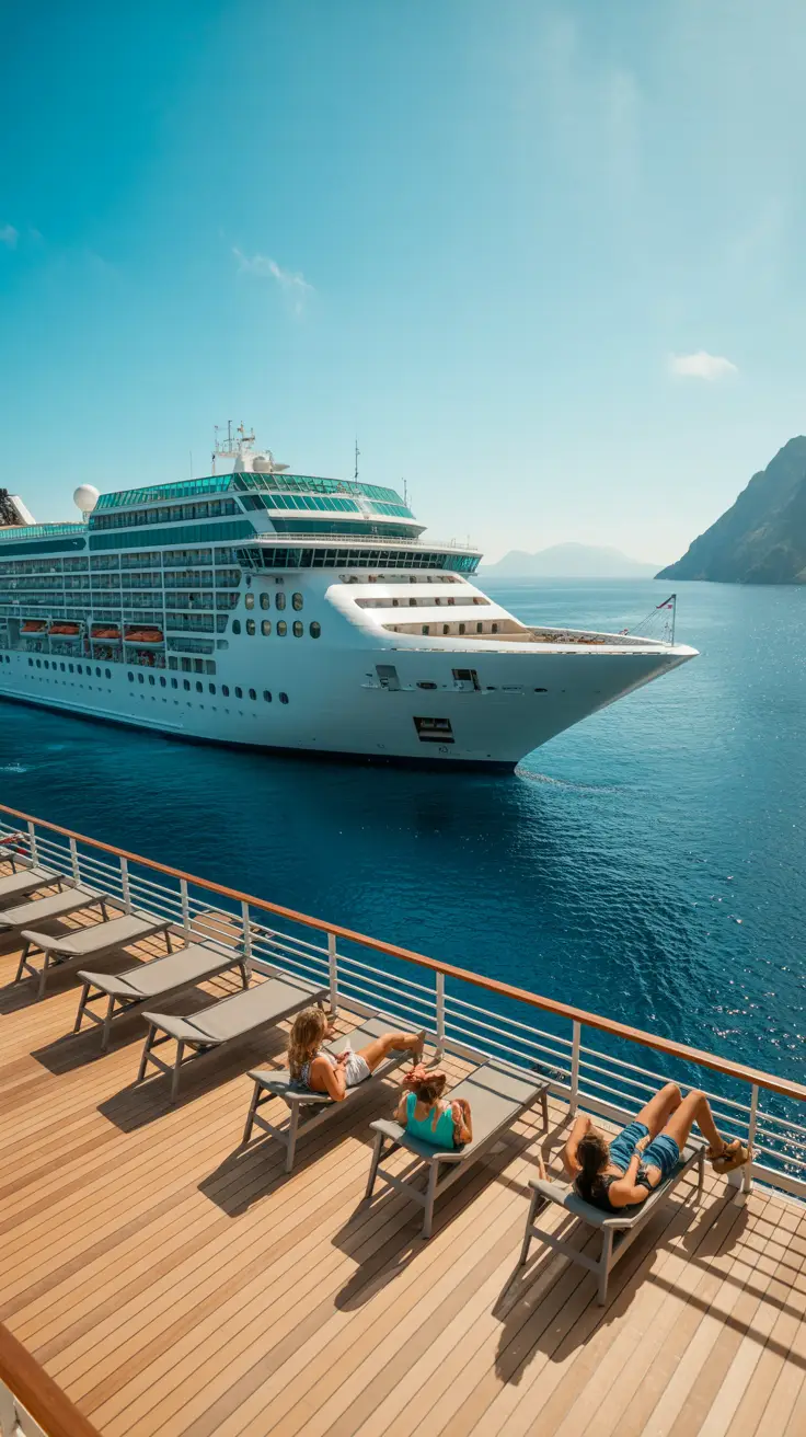 A high-end photo captures a bright sunny day as a sleek white cruise ship glides through calm turquoise waters, with a few solo travelers relaxing on sun loungers along the open deck.