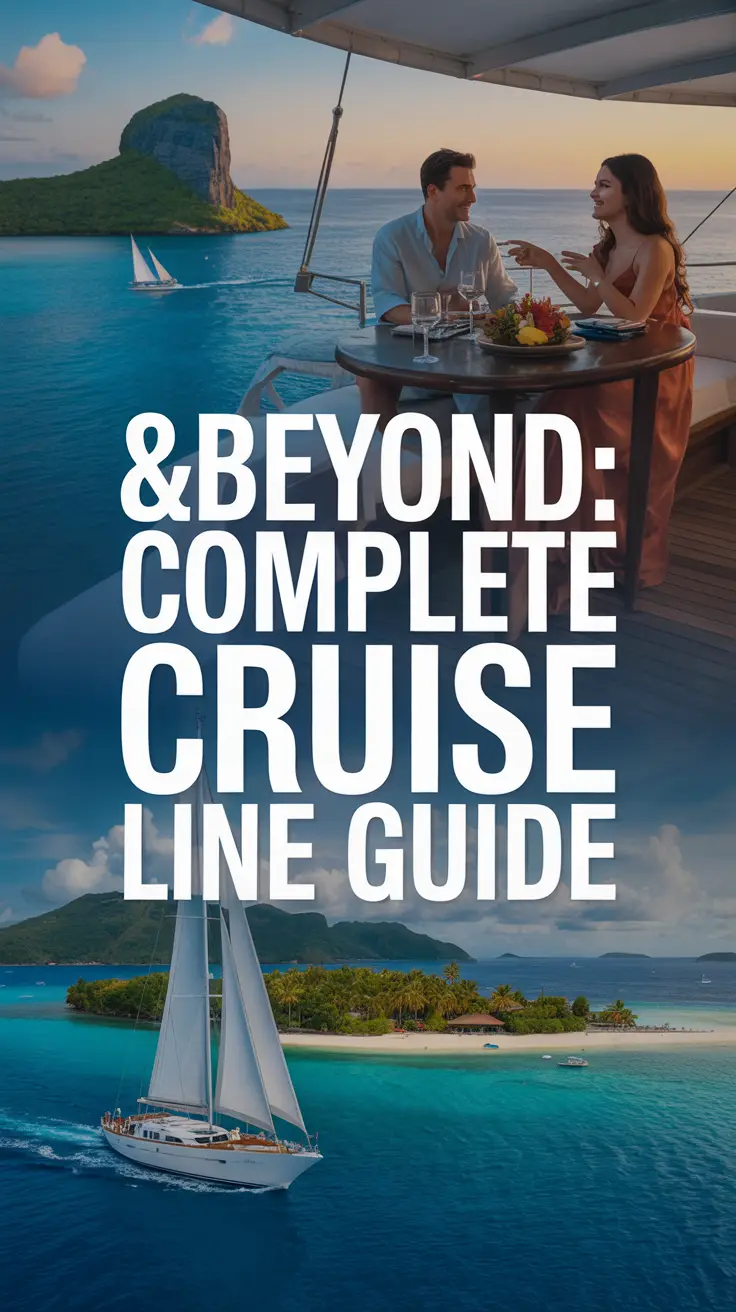 A vibrant lifestyle advertisement for &Beyond, showcasing a luxurious cruise experience through a collage: a white sailboat on turquoise waters, a couple dining at sunset, and a tropical island view, all overlaid with elegant white text reading “&Beyond: Complete Cruise Line Guide.” Alt Tag: Luxury cruise lifestyle collage featuring a sailboat, a couple enjoying a sunset dinner, and a tropical island scene with bold “&Beyond: Complete Cruise Line Guide” text.