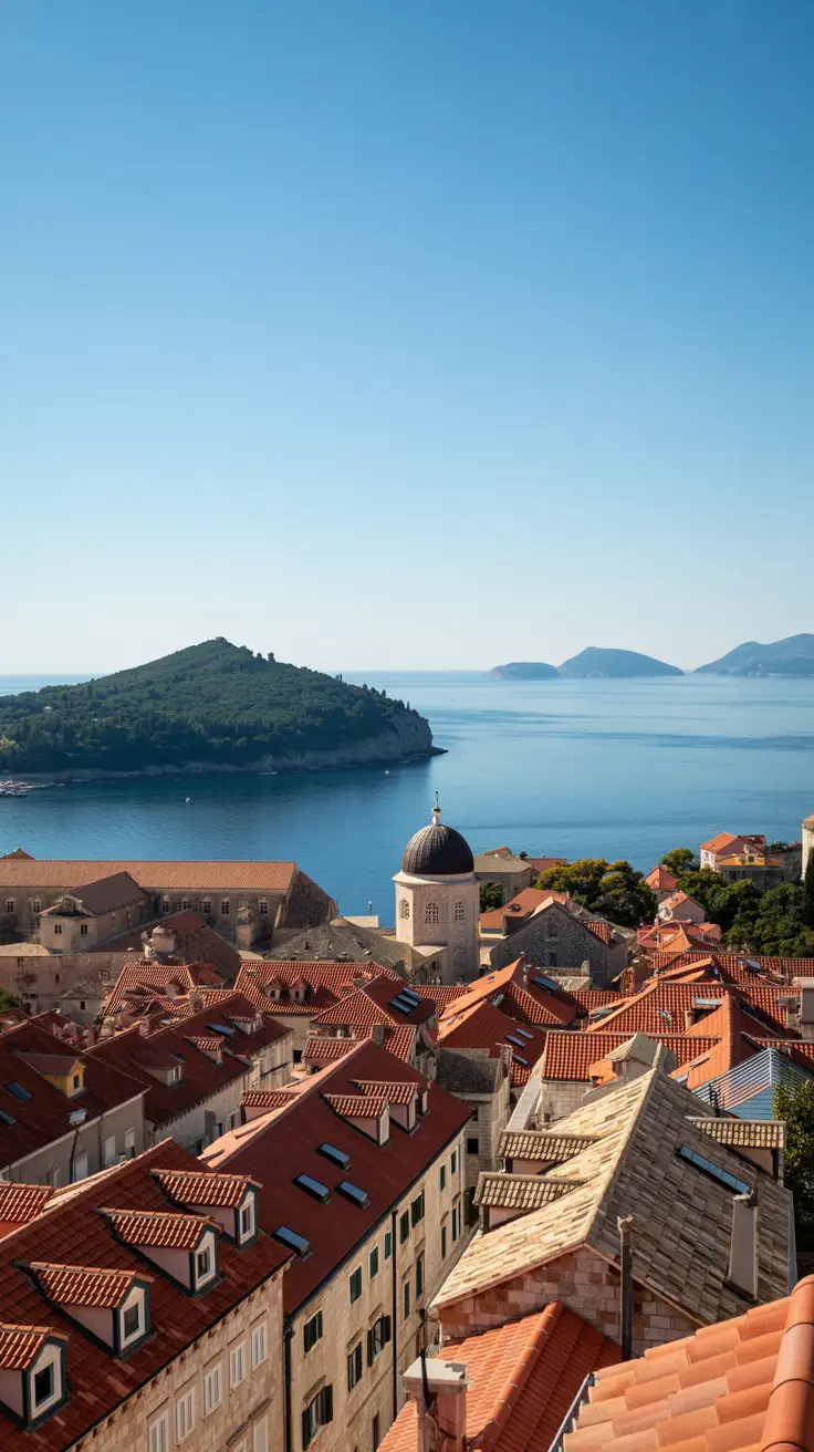 A crystal-clear view from Mount Srđ on a sunny day, overlooking Dubrovnik’s terracotta rooftops and the deep blue Adriatic Sea.