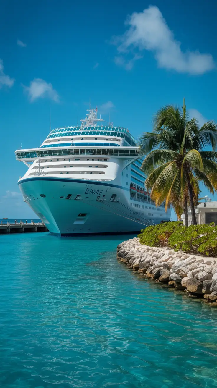 A bright, sunny day at Bimini Cruise Port: a sleek white cruise ship docked beside a vivid turquoise shoreline, with a few palm trees swaying gently beside the clear, calm water.