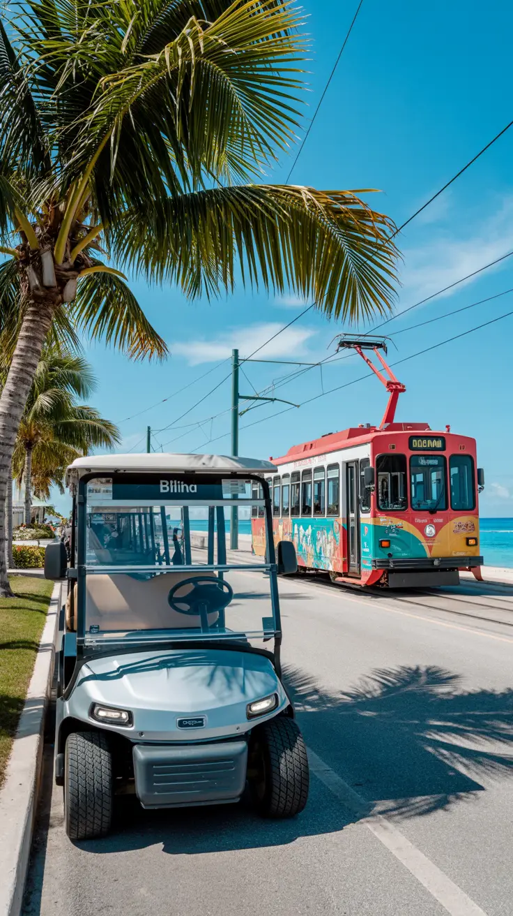 A bright sunny day at Bimini Cruise Port, featuring a shiny golf cart parked at the curb while a colorful tram slowly passes in the background, surrounded by swaying palm trees and clear blue skies.