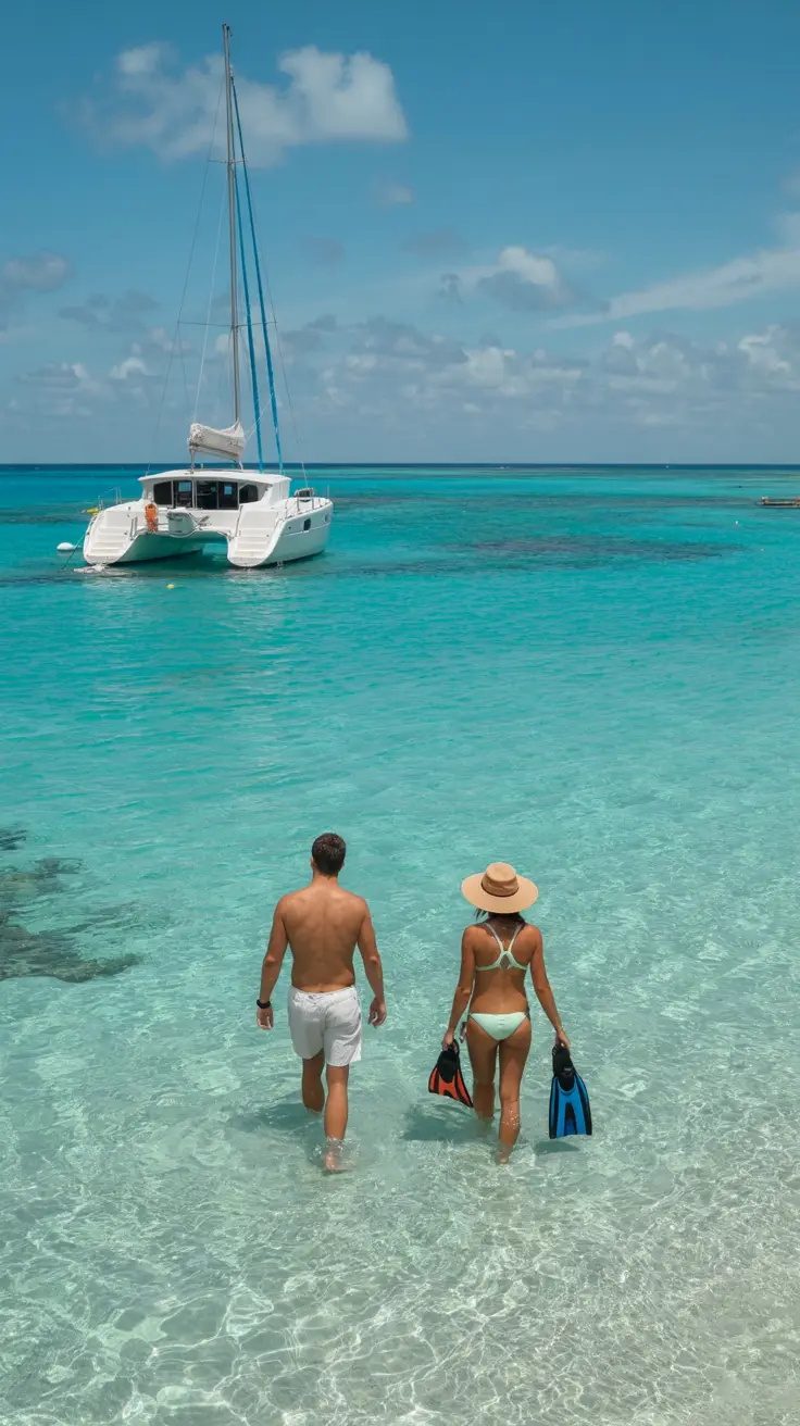 A high-end photo captures a bright sunny day on Bimini’s crystal-clear shoreline—two snorkelers wade into the turquoise water, gentle waves lapping at their feet, with a white catamaran anchored nearby in the calm shallows.