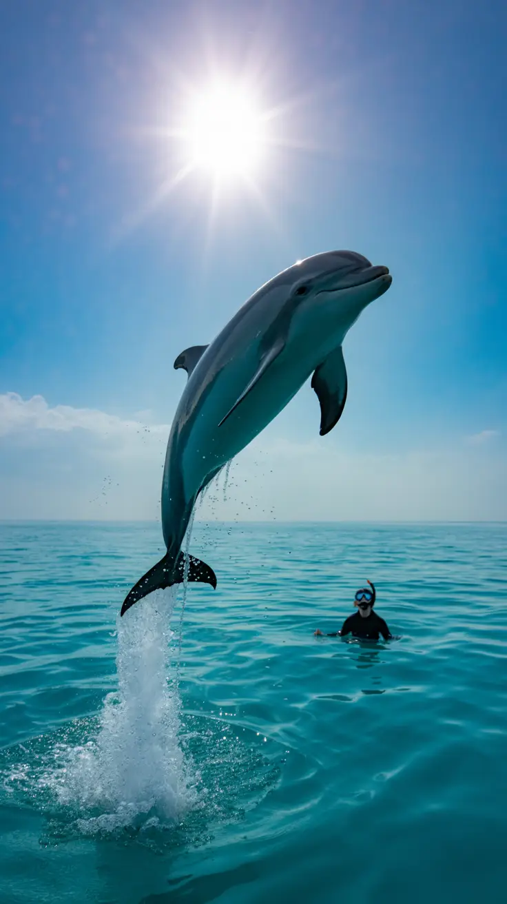 A sleek dolphin leaps from crystal-clear turquoise water beneath a vibrant sun, with a snorkeler watching in awe just below the surface.