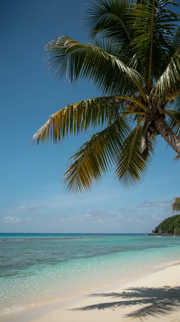 A crystal-clear turquoise sea gently laps against a sunlit white sand beach, with a single palm tree casting a soft shadow under a cloudless blue sky stretching endlessly above.