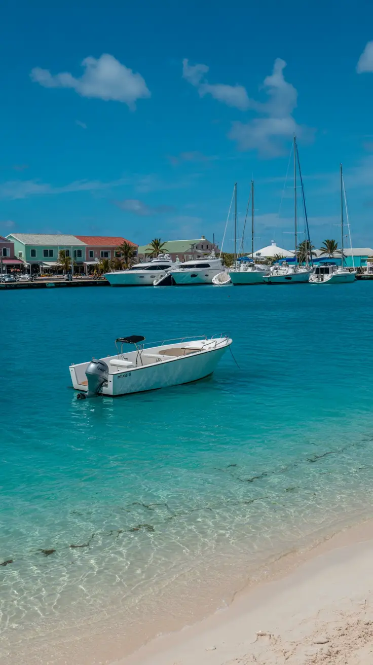 A bright sunny day frames a crystal-clear turquoise shoreline in Bimini, where a single boat floats gently near a quiet stretch of white sand, contrasting with the bustling marina in Nassau, where sleek yachts line the harbor against a backdrop of pastel buildings and swaying palms.