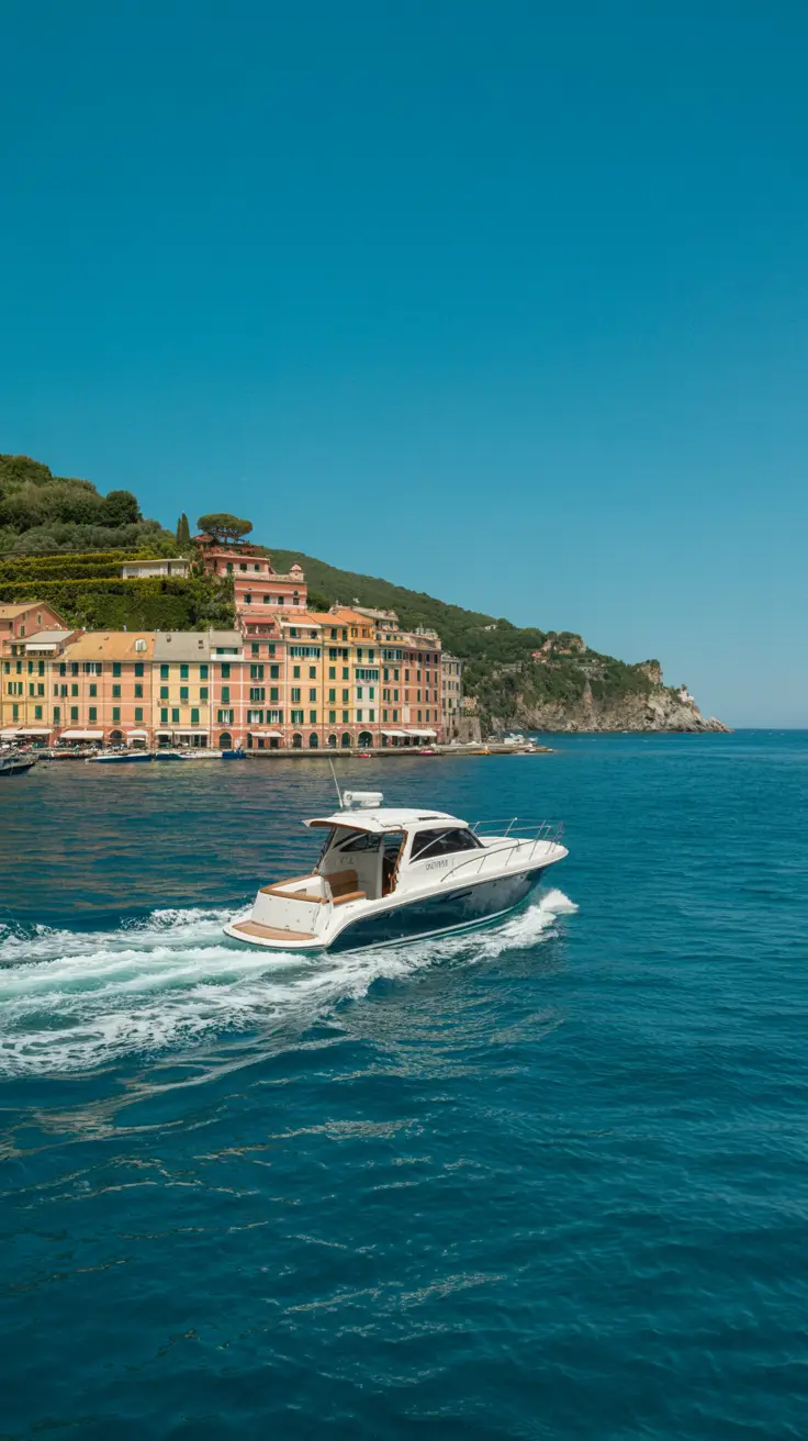A sleek white boat glides across turquoise waters beneath a clear sky, with Portofino’s pastel harbor and sunlit cliffs in the background.