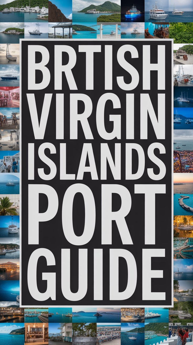 Big text overlay: British Virgin Islands Port Guide. It's designed to immediately grab attention with its thick, distinctive lettering set prominently in a big box, utilizing a simple yet striking bold white color for maximum visibility. Surrounding this eye-catching typography, a collage of vibrant images. No other text.
