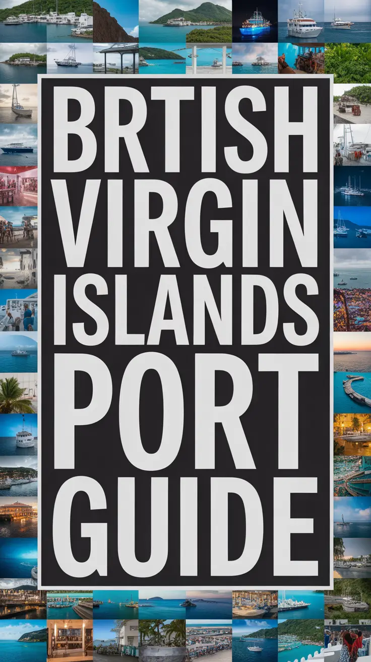 Big text overlay: British Virgin Islands Port Guide. It's designed to immediately grab attention with its thick, distinctive lettering set prominently in a big box, utilizing a simple yet striking bold white color for maximum visibility. Surrounding this eye-catching typography, a collage of vibrant images. No other text.