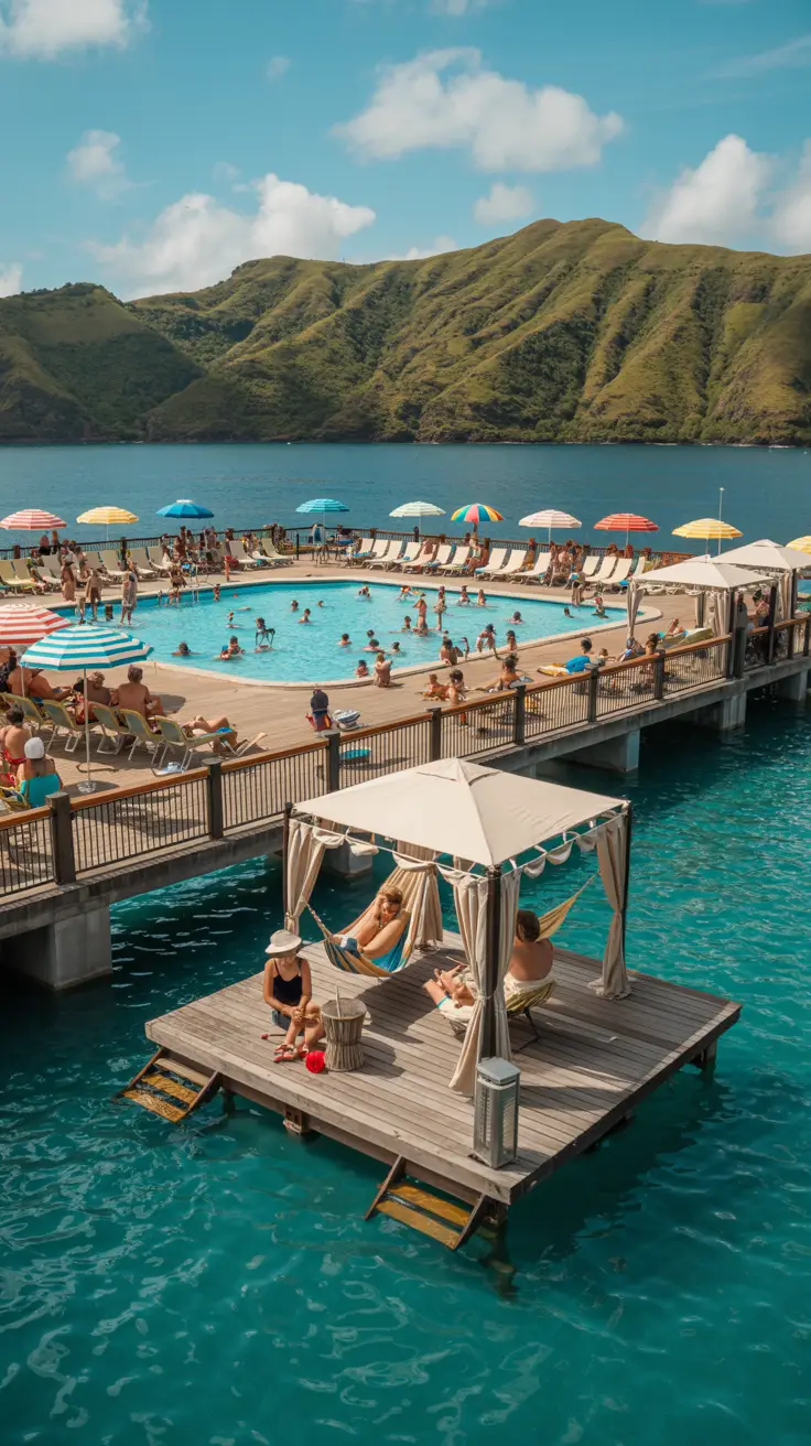 A vibrant aerial shot of Amber Cove’s cruise port glistening under the midday sun, showing a lively free pool area filled with families under colorful umbrellas and children playing in the water on one side, and a serene overwater cabana with two people relaxing in hammocks as a server delivers tropical drinks on the other, all set against a backdrop of lush green hills suggesting hidden hiking trails.
