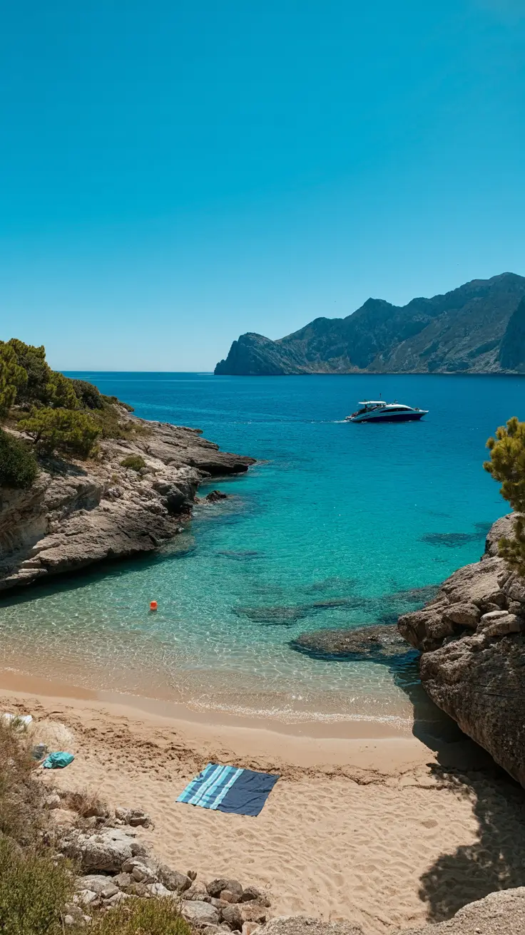A sun-drenched cove with crystal-clear water gently lapping at a quiet sandy beach, where a few towels are spread out; a sleek tour boat cruises in the distance under a flawless blue sky.