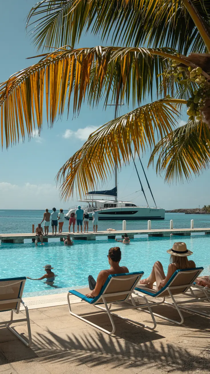 A sunny afternoon in La Romana: an inviting, turquoise-blue hotel pool surrounded by sunbathers on lounge chairs, a group of tourists boarding a sleek white catamaran at a distant dock, and a line of swaying palm trees casting patterned shadows across the scene.