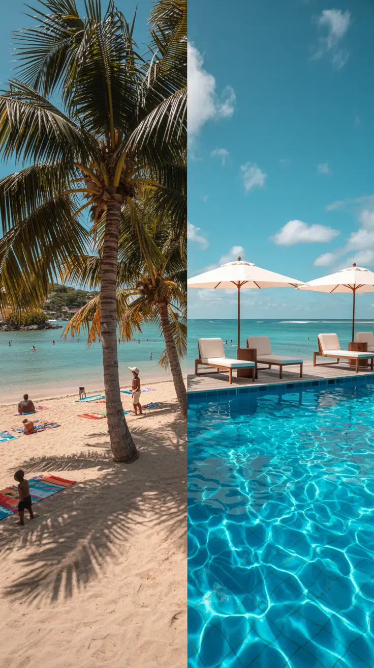 A bright, sunny day on a Punta Cana beach—on one side, soft sand scattered with locals and colorful towels under palm trees; on the other, sleek lounge chairs beside an infinity pool at a luxury resort, framed by white umbrellas and clear turquoise water.