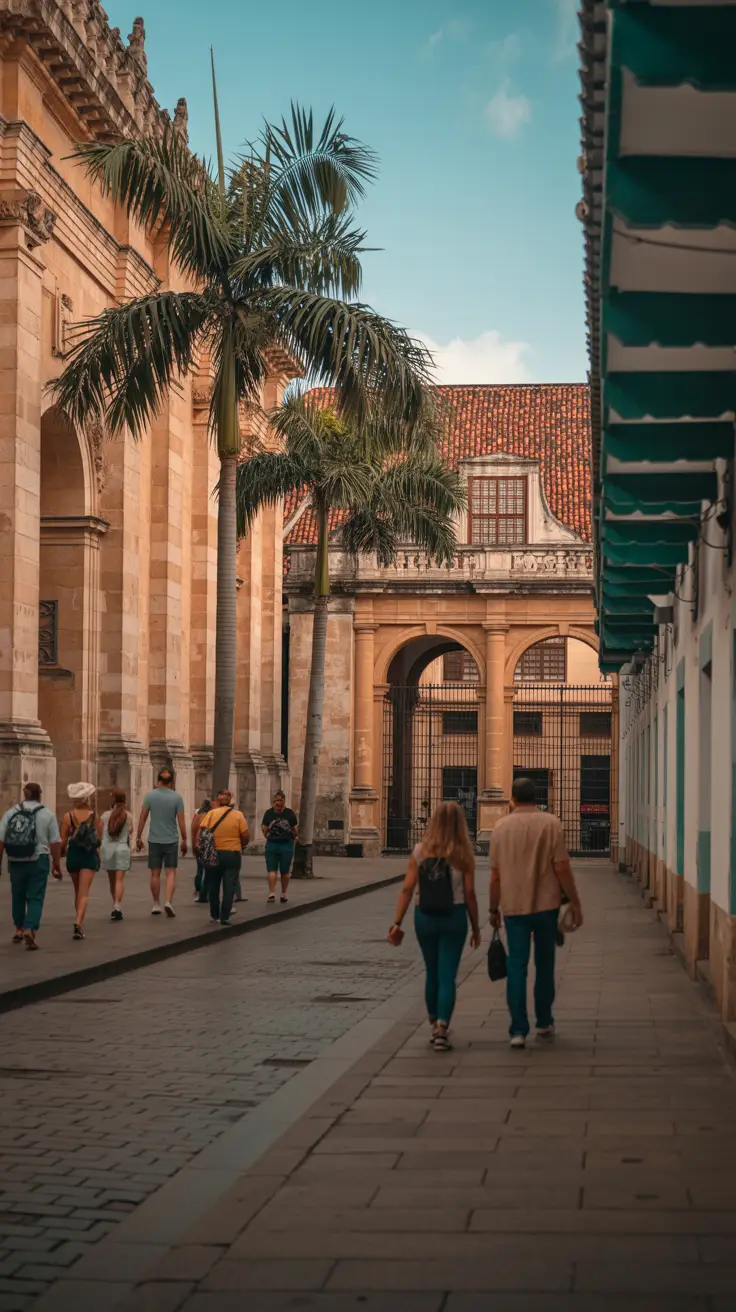 A high-resolution photograph captures a contrast in experiences within Santo Domingo’s Colonial Zone. On one side, tourists freely explore the sunlit cobblestones outside the grand façade of the Catedral Primada, shaded by swaying palm trees. On the other, a group enters a gated museum courtyard, their tickets in hand, passing beneath ornate arches and guarded entryways. Warm, golden-hour light highlights the textures of aged stone and red tile rooftops, while vibrant clothing and street details add life to the historic setting. Alt tag: Tourists exploring Santo Domingo’s Colonial Zone with sunlight illuminating the Catedral Primada and nearby museum courtyard, highlighting historic stone textures and vibrant street life.