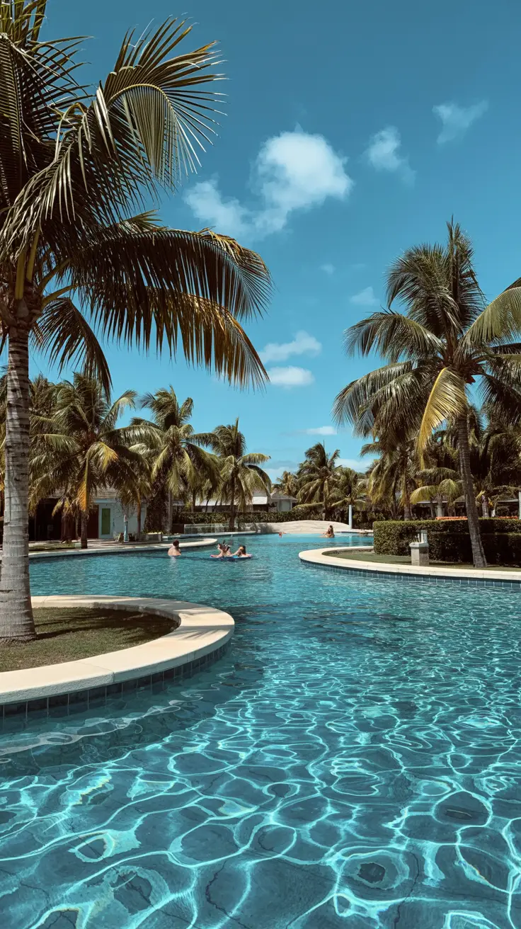 A bright sunny day at Taino Bay: a crystal-clear pool curves gently around palm trees, with the lazy river beyond, all shimmering under the tropical sun.