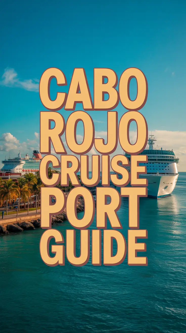 A vibrant travel poster of Cabo Rojo Cruise Port with bold nautical text, turquoise ocean, cruise ships in the distance, palm-fringed coast, and warm golden sunlight.