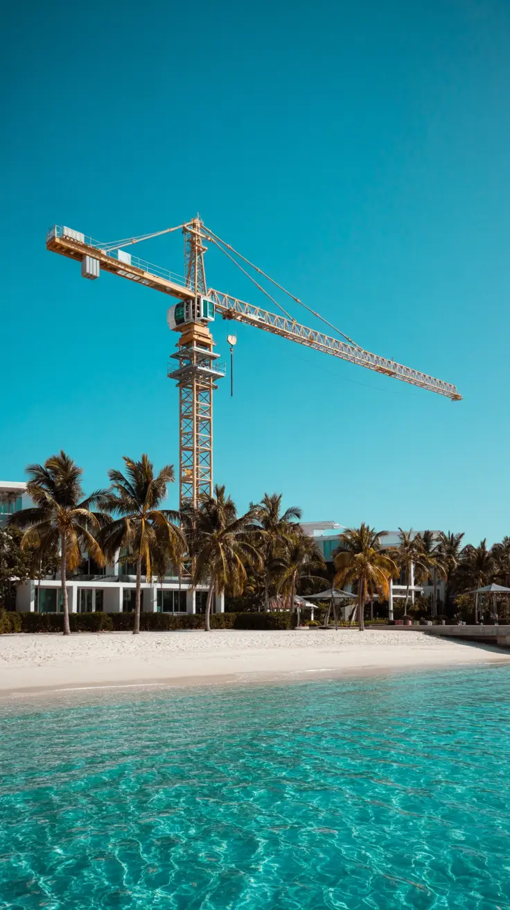 A bright, cloudless sky over turquoise waters; a sleek construction crane rises beside palm trees and smooth white sand, hinting at luxury development.