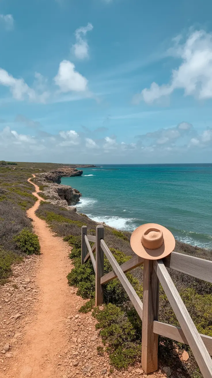 A bright, sunny day at Cabo Rojo: a narrow dirt path winds along a rocky coastline, with turquoise waves crashing gently below and a lone sunhat resting on a nearby wooden fence.