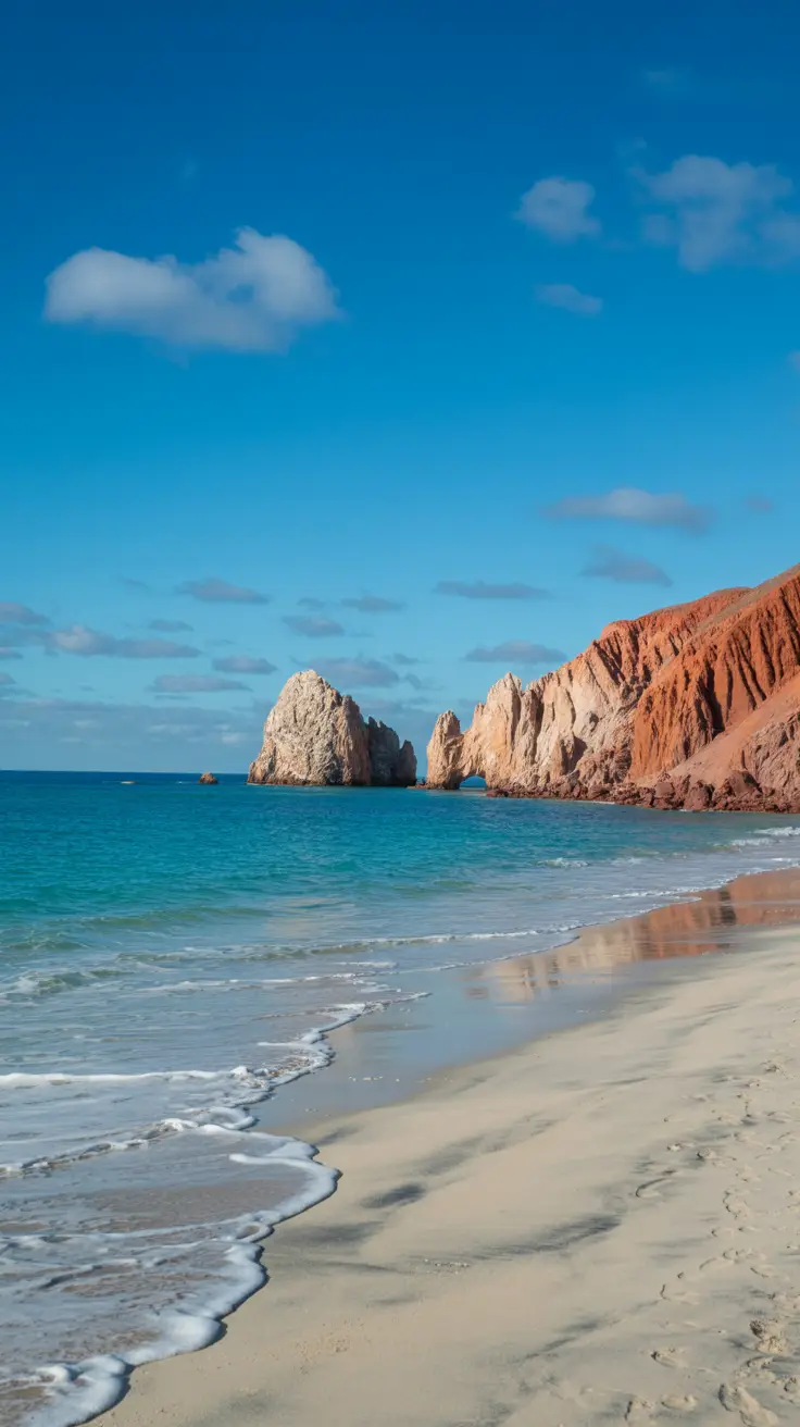 A high-end photo captures a quiet, pristine beach at Cabo Rojo under a bright sunny sky—turquoise waves gently lapping at untouched white sand, with rugged red cliffs in the distance.