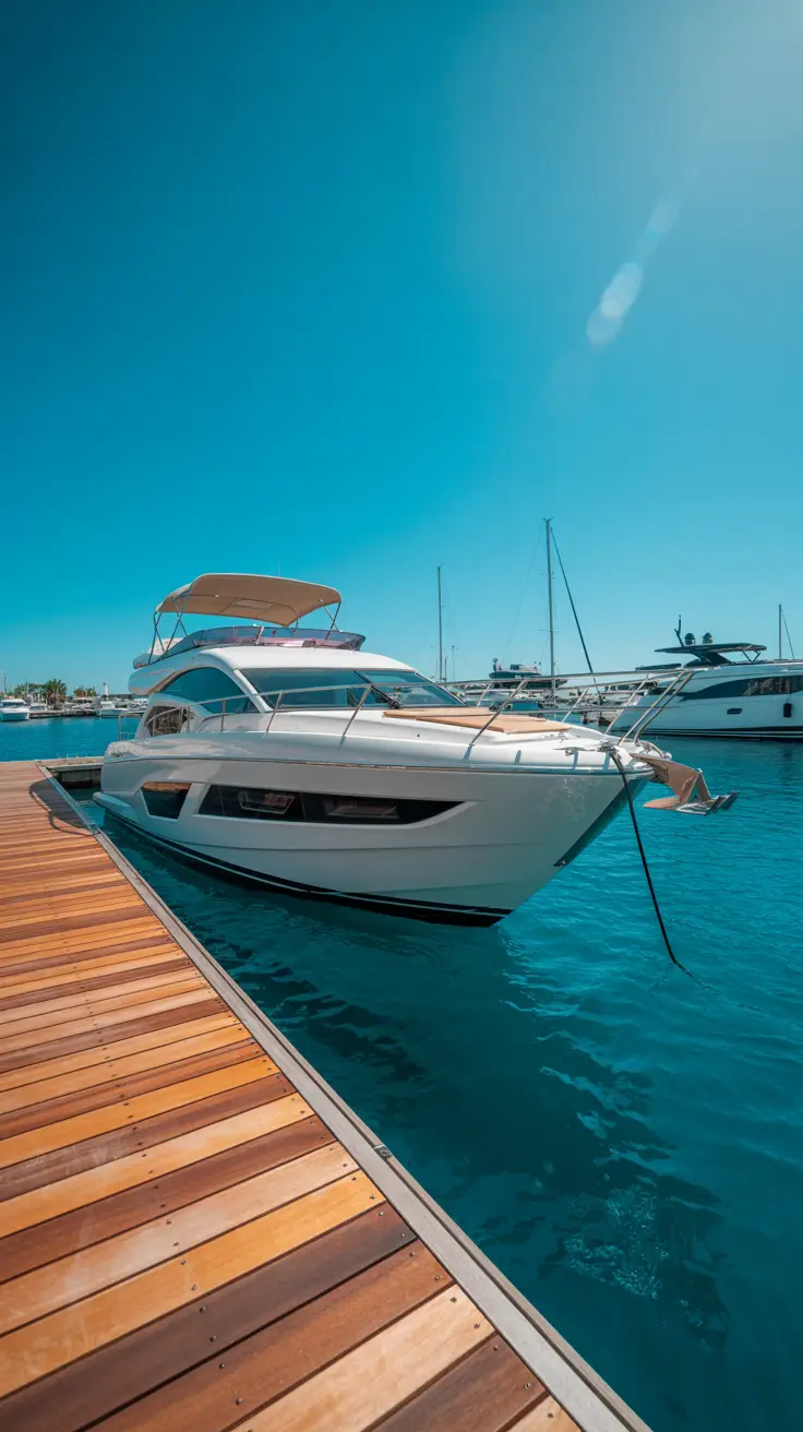 A sleek white yacht glides through turquoise waters beside a polished wooden dock under a clear, sunny sky.