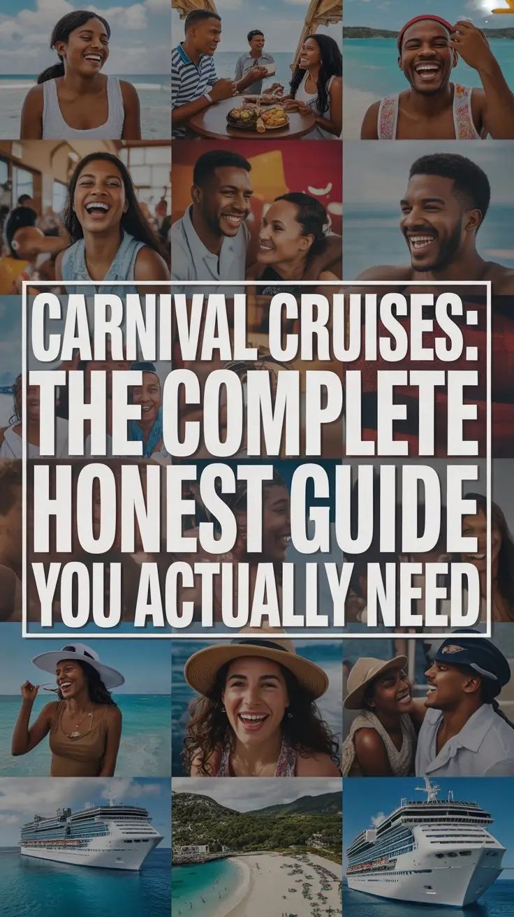 A striking lifestyle advertisement for Carnival Cruises features a vibrant collage of candid vacation moments overlaid with bold text. The collage showcases diverse travelers laughing on pristine beaches, enjoying gourmet meals, and exploring exotic destinations, all bathed in warm, inviting sunlight to evoke feelings of joy and relaxation. Dominating the visual is a large, rectangular box with the text "Carnival Cruises: The Complete Honest Guide You Actually Need" in thick, bold white lettering, designed to immediately capture attention and convey a sense of trustworthiness. The overall aesthetic is energetic and aspirational, combining authentic imagery with a clear call to action, establishing Carnival Cruises as the go-to choice for memorable, hassle-free vacations.