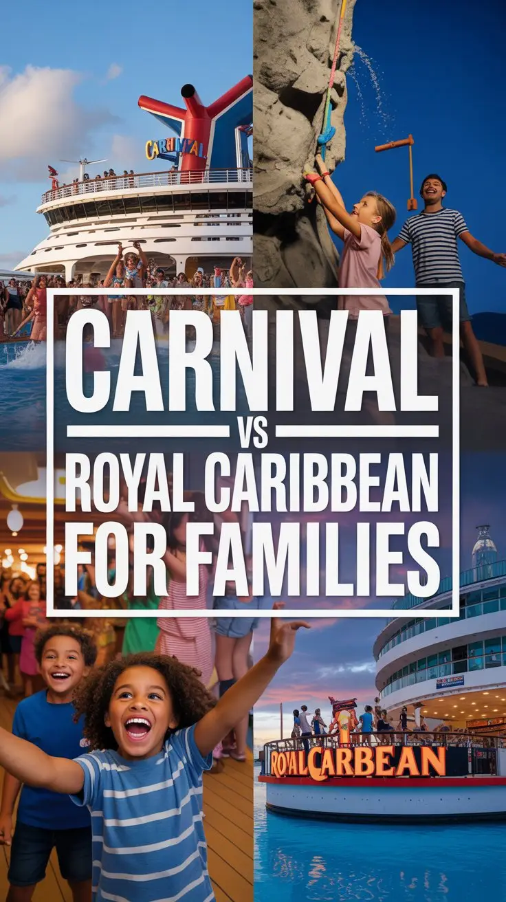 A dynamic product comparison advertisement featuring a split-screen showcasing Carnival Cruise Line and Royal Caribbean, designed to highlight their appeal for families. The left side depicts a vibrant Carnival scene with a colorful waterslide, happy children, and a lively deck party, while the right side shows a sleek Royal Caribbean image with a rock-climbing wall, a family enjoying a Broadway-style show, and modern ship interiors, both bathed in warm, inviting lighting. A large, bold white box overlays the center, prominently displaying the text "Carnival vs Royal Caribbean For Families" in a thick, sans-serif font that captures immediate attention, with a clean, energetic aesthetic that conveys fun, adventure, and memorable family vacations. The overall composition creates a visually engaging contrast, highlighting the distinct offerings of each cruise line and encouraging viewers to explore their options.