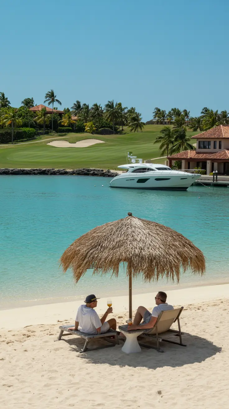 A sun-drenched beach with soft white sand curves gently along turquoise waters, where a couple lounges under a thatched umbrella with tropical drinks in hand. In the background, a lush golf course with manicured greens stretches toward swaying palm trees under a clear blue sky. A sleek white yacht drifts near a marina, anchored beside terracotta-roofed buildings.