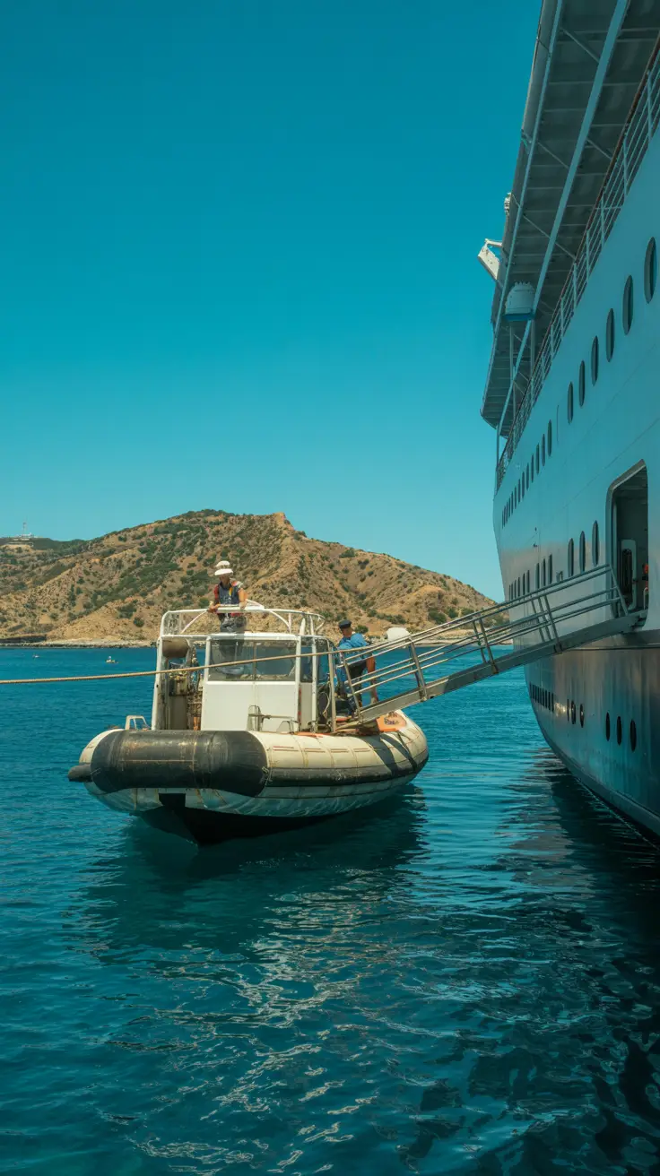 A brightly lit photograph shows a small tender boat docked beside a larger cruise ship, with calm turquoise waters gently lapping beneath. A metal ramp leads from the tender to the ship, while a crew member awaits to assist. In the background, Catalina Island’s hilly shoreline glows under clear blue skies.