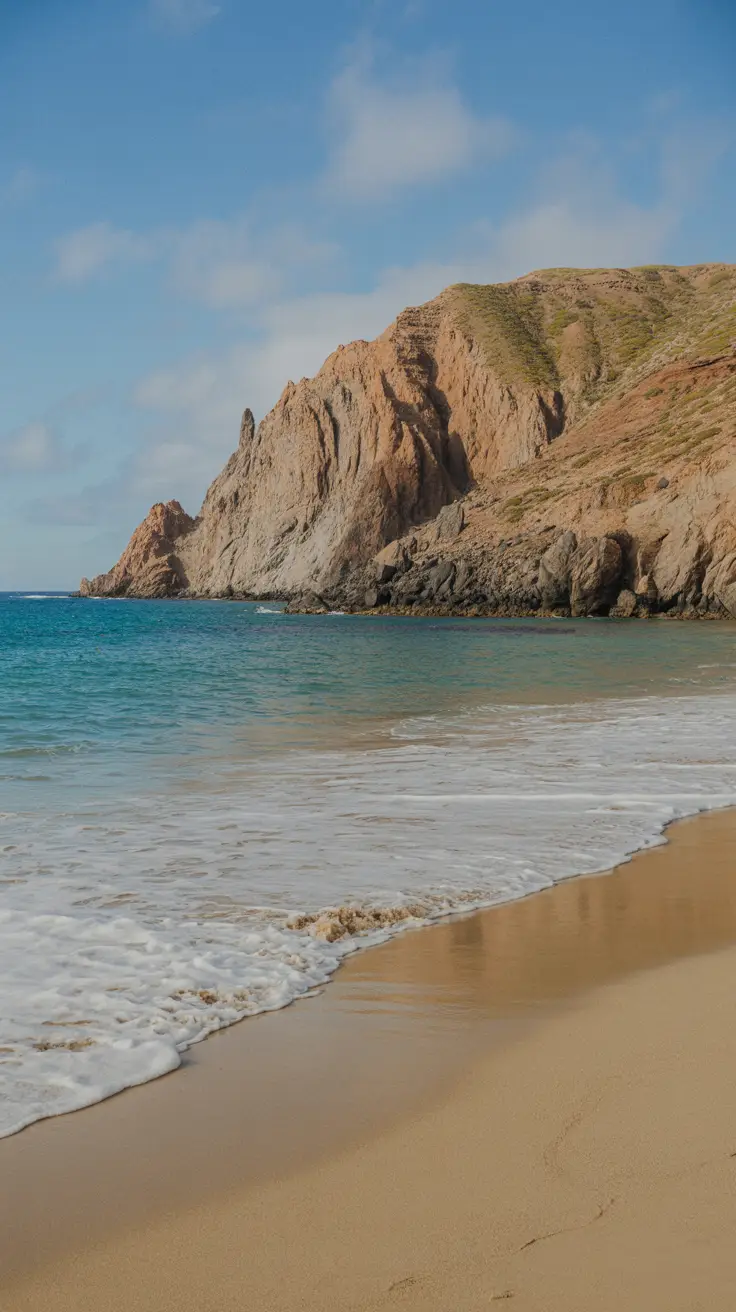 A quiet cove on Catalina’s west coast with turquoise waves lapping at smooth golden sand, jagged cliffs rising in the background beneath a clear, sunny sky.