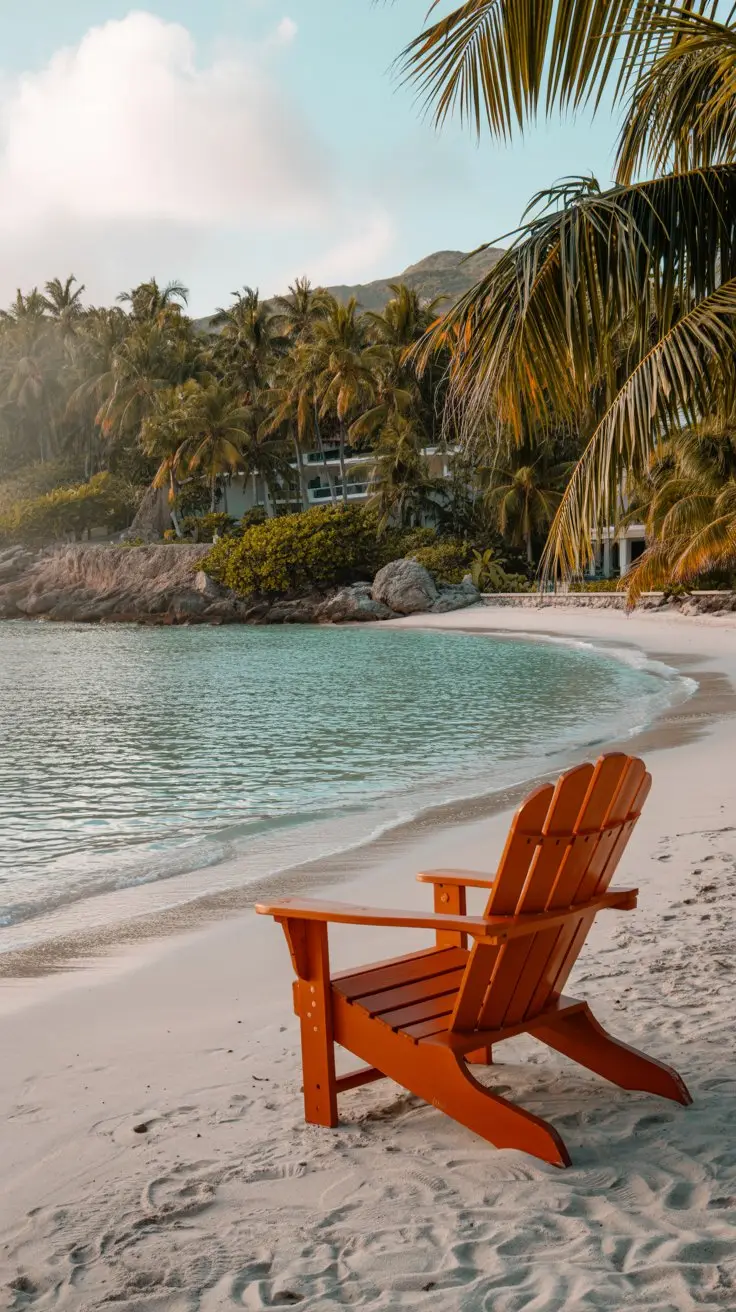 A photograph of a pristine white-sand beach on Catalina Island, Dominican Republic. The turquoise water gently laps against the shore, and a single, vibrant orange Adirondack chair sits invitingly in the foreground, facing the ocean. Lush green palm trees sway gently in the background, partially obscuring a glimpse of a luxury resort. Soft, warm sunlight bathes the scene, creating a serene and idyllic atmosphere.
