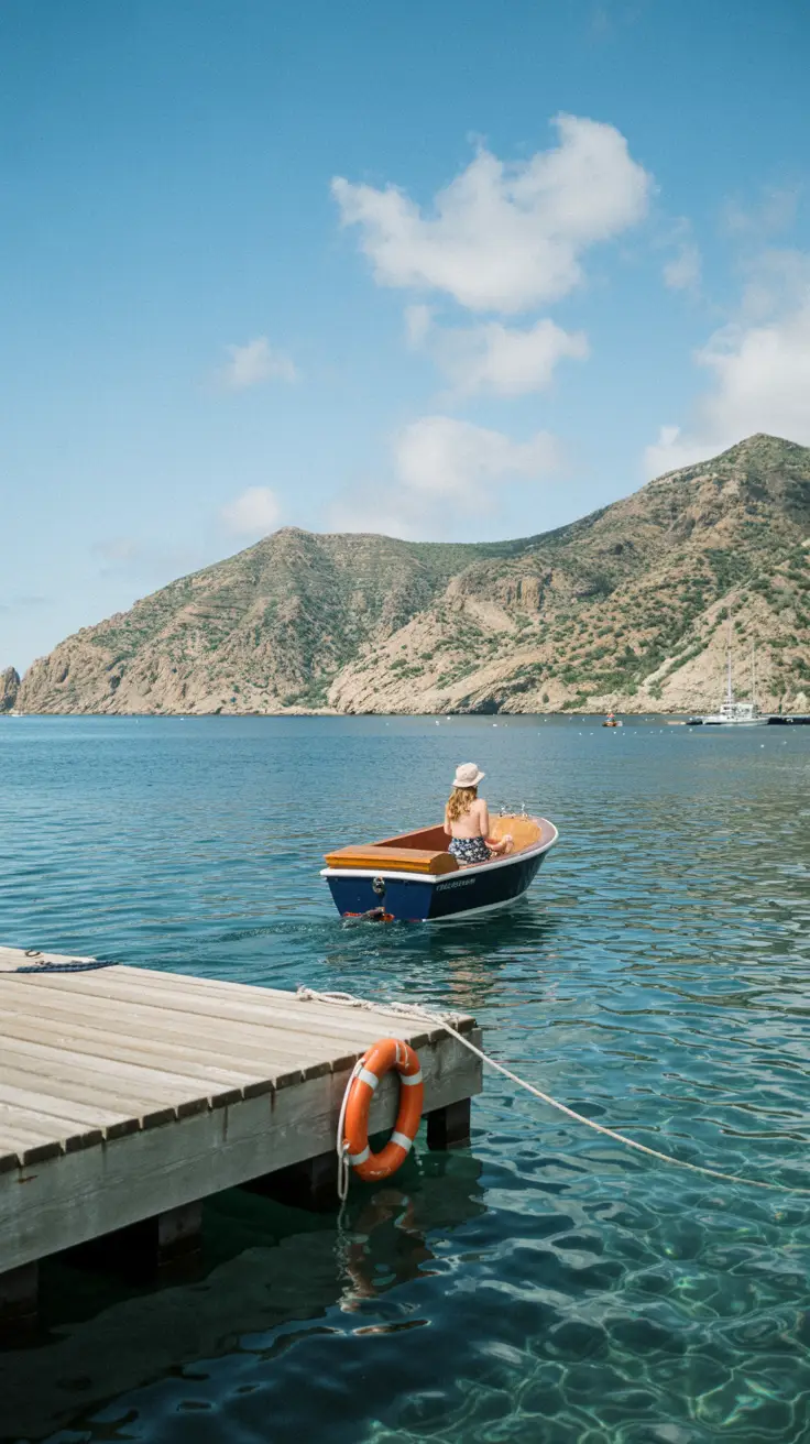 A bright, sunny day on Catalina Island; a small tender boat gently approaches a wooden dock, floating on calm, crystal-clear water with a life preserver hanging nearby.